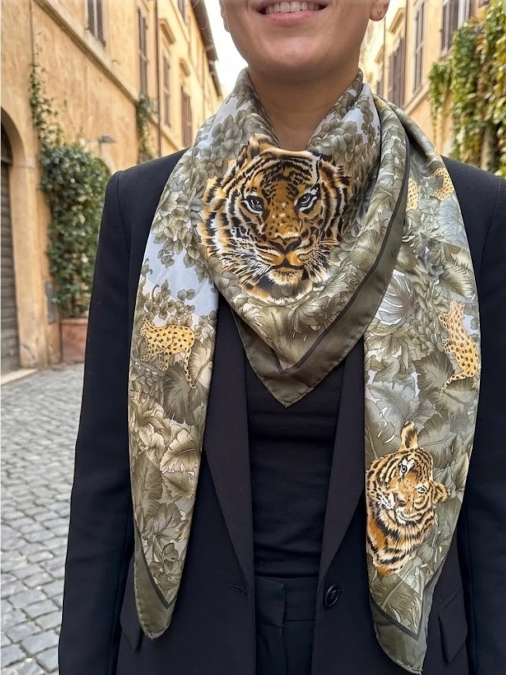 Silk feel Tiger Print Scarf - Olive Green and Gold
